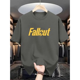 メンズ「フォールアウト」グラフィックTシャツ - ブラック、ボールドイエロープリント付き、軽量ストレッチニット生地、レギュラーフィット半袖ラウンドネックカジュアルティー 夏＆オールシーズン着用向け