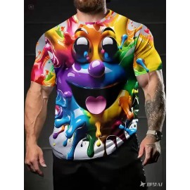 メンズビブラントインクスプラッシュハッピーフェイスグラフィックTシャツ - カジュアルクルーネック、ショートスリーブ、ポリエステルニット、レギュラーフィット、軽いストレッチ、日常と週末の着用に最適