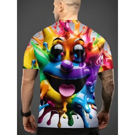 メンズビブラントインクスプラッシュハッピーフェイスグラフィックTシャツ - カジュアルクルーネック、ショートスリーブ、ポリエステルニット、レギュラーフィット、軽いストレッチ、日常と週末の着用に最適