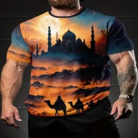 メンズサマーデザートキャッスルキャメルプリントTシャツ - カジュアルな半袖クルーネック、快適なストレッチファブリック、週末や日常着に最適、毎日のTシャツ | デザートテーマ | 快適なフィット、デザート服