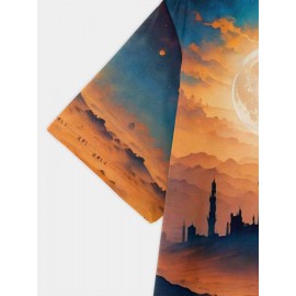 メンズサマーデザートキャッスルキャメルプリントTシャツ - カジュアルな半袖クルーネック、快適なストレッチファブリック、週末や日常着に最適、毎日のTシャツ | デザートテーマ | 快適なフィット、デザート服