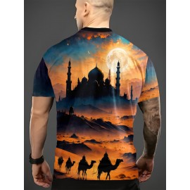 メンズサマーデザートキャッスルキャメルプリントTシャツ - カジュアルな半袖クルーネック、快適なストレッチファブリック、週末や日常着に最適、毎日のTシャツ | デザートテーマ | 快適なフィット、デザート服