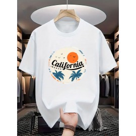 メンズ 180g 100％ポリエステル カリフォルニアビーチ グラフィックTシャツ - サンセット＆パームツリー プリント、ブラック ラウンドネック 半袖 レギュラーフィット スポーツ＆カジュアルウェア用 夏服