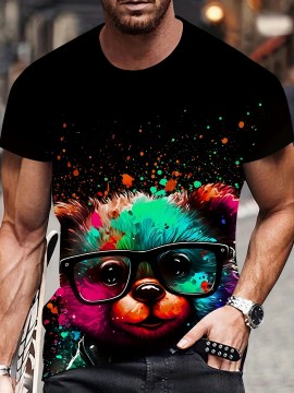 1pc メンズノベルティカラフルベアメガネプリントTシャツ - 3DデジタルHDプリント、カジュアルクルーネック、半袖、ニットポリエステル生地、わずかに伸縮性のあるレギュラーフィット、アウトドアアクティビティに最適