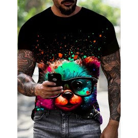 1pc メンズノベルティカラフルベアメガネプリントTシャツ - 3DデジタルHDプリント、カジュアルクルーネック、半袖、ニットポリエステル生地、わずかに伸縮性のあるレギュラーフィット、アウトドアアクティビティに最適
