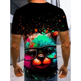 1pc メンズノベルティカラフルベアメガネプリントTシャツ - 3DデジタルHDプリント、カジュアルクルーネック、半袖、ニットポリエステル生地、わずかに伸縮性のあるレギュラーフィット、アウトドアアクティビティに最適