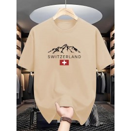 メンズ スイスアルプス グラフィックプリント カジュアルTシャツ - 100％ポリエステル、レギュラーフィットでわずかにストレッチ性あり、ネイビーブルー、洗濯機可、オールシーズン快適、アローシーズンアパレル｜リラクゼッドフィット シャツ｜伸縮素材