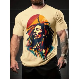 メンズ レゲエ風 グラフィックTシャツ - ビビッドなドレッドロックキャラクタープリント、通気性ポリエステルニット、レギュラーフィット半袖ティー 夏のカジュアルウェア＆週末のお出かけ用、カジュアルスタイルTシャツ｜洗濯機対応トップ