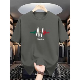 メンズカジュアル半袖Tシャツ1枚 - 大胆なメキシコ文字＆幾何学デザイン、ネイビーブルーポリエステル、レギュラーフィット、軽いストレッチ、オールシーズン快適、夏用・重ね着可能