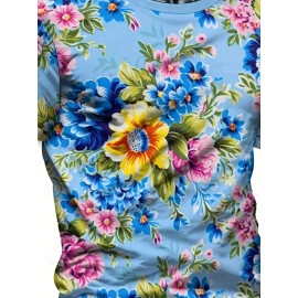 メンズ バイブラント フローラル プリント Tシャツ - 半袖、ラウンドネック、軽量ポリエステル、カジュアルサマースタイル、洗濯機可、アウトドアスポーツウェア | バイブラントフローラルシャツ | ポリエステル生地
