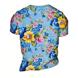メンズ バイブラント フローラル プリント Tシャツ - 半袖、ラウンドネック、軽量ポリエステル、カジュアルサマースタイル、洗濯機可、アウトドアスポーツウェア | バイブラントフローラルシャツ | ポリエステル生地