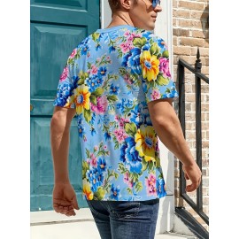 メンズ バイブラント フローラル プリント Tシャツ - 半袖、ラウンドネック、軽量ポリエステル、カジュアルサマースタイル、洗濯機可、アウトドアスポーツウェア | バイブラントフローラルシャツ | ポリエステル生地