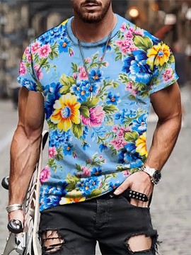 メンズ バイブラント フローラル プリント Tシャツ - 半袖、ラウンドネック、軽量ポリエステル、カジュアルサマースタイル、洗濯機可、アウトドアスポーツウェア | バイブラントフローラルシャツ | ポリエステル生地