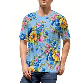 メンズ バイブラント フローラル プリント Tシャツ - 半袖、ラウンドネック、軽量ポリエステル、カジュアルサマースタイル、洗濯機可、アウトドアスポーツウェア | バイブラントフローラルシャツ | ポリエステル生地
