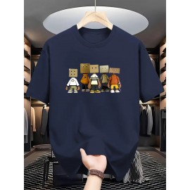メンズ サマーカジュアル 半袖Tシャツ - ホワイト 幾何学模様 レギュラーフィット ラウンドネック 洗濯機可 快適生地