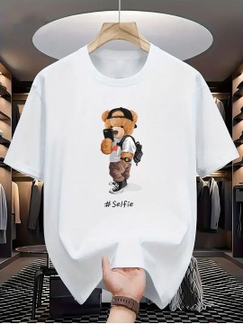 メンズ サマーカジュアルストリートウェアTシャツ - ホワイトベアグラフィックプリント「セルフィー」テキスト付き、半袖ラウンドネック、通気性レギュラーフィット、洗濯機可