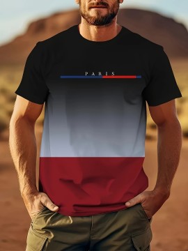 グラデーション パリのプリント メンズ 半袖 丸首 Tシャツ、快適で通気性のあるカジュアルウェア、男性用、わずかに伸縮性があります。