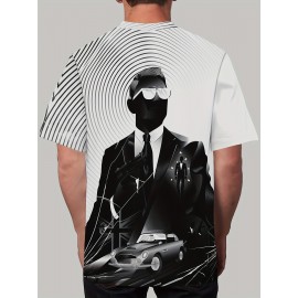 【耐久性のある構造】メンズ3Dクール・フォーマン・イン・ブラックプリントカジュアルTシャツ - ソフトポリエステル、洗濯機可、ラウンドネック、不透明 - 春/秋に最適、スタイリッシュなTシャツ