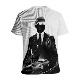 【耐久性のある構造】メンズ3Dクール・フォーマン・イン・ブラックプリントカジュアルTシャツ - ソフトポリエステル、洗濯機可、ラウンドネック、不透明 - 春/秋に最適、スタイリッシュなTシャツ