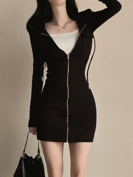 女性用 Y2K スタイルのフード付きジッパー ボディコンドレス - 長袖、ポリエステル、ソリッドカラー、ニットファブリック、オールシーズンファッション