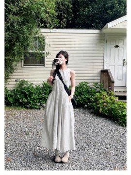 ローカル - 女性用韓国スタイル オフショルダー ノースリーブ ドレス ジッパークロージャー付き - ルーズフィット ラージスカート ベストドレス、無地 カジュアルエレガント オールシーズン対応 ファッションウェア、流れるような生地