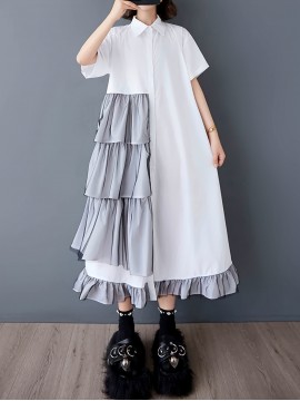 レディース カジュアル サマーメッシュパネルシャツドレス - 半袖、多層フリル裾、スクエアネックライン、アシンメトリーデザイン、ホワイト＆グレイ レイヤードルック、軽量で通気性のある春夏用ファッションウェア｜スクエアネックライン ドレス｜コントラストディテール付きカジュアルサマードレス