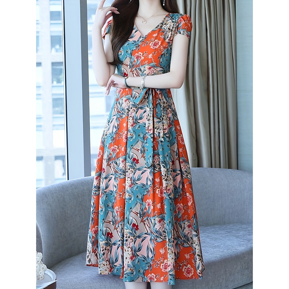女性用の明るい花柄プリントマキシドレス - ルーズフィット、Vネック、袖なし、バケーションやカジュアルな衣装に最適、カジュアルな衣装|明るいプリント|ルーズフィットドレス