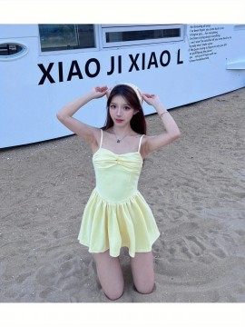 ローカル - 女性用サマー セクシーなオフショルダードレス - 鮮やかなイエローのプリーツAラインスカート、ウエスト付き、軽量＆通気性のあるカジュアルパーティーウェア