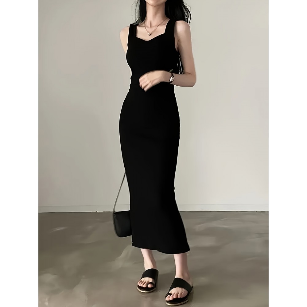 エレガントな無袖ボディコンマキドレス - スリムフィット、無地、Vネック、高ローヘムライン、カジュアルからフォーマルまでの多用途、ボディコンドレス