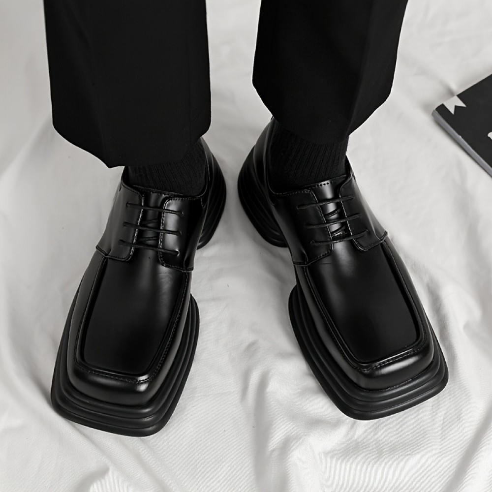 メンズ スタイリッシュ ブラック レースアップ ドレス シューズ 厚いソール - 正装とカジュアルな衣装に最適、フェイク アッパー、ゴムソール、正装シューズ | エレガントなシューズ | 耐久性のあるシューズ