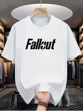 メンズ「フォールアウト」グラフィックTシャツ - ブラック、ボールドイエロープリント付き、軽量ストレッチニット生地、レギュラーフィット半袖ラウンドネックカジュアルティー 夏＆オールシーズン着用向け