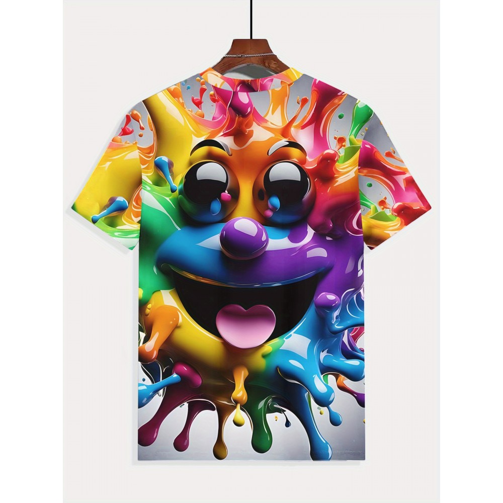 メンズビブラントインクスプラッシュハッピーフェイスグラフィックTシャツ - カジュアルクルーネック、ショートスリーブ、ポリエステルニット、レギュラーフィット、軽いストレッチ、日常と週末の着用に最適