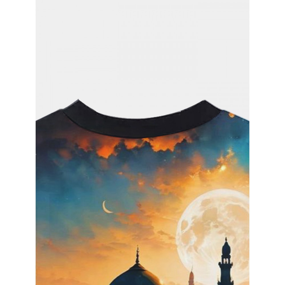 メンズサマーデザートキャッスルキャメルプリントTシャツ - カジュアルな半袖クルーネック、快適なストレッチファブリック、週末や日常着に最適、毎日のTシャツ | デザートテーマ | 快適なフィット、デザート服