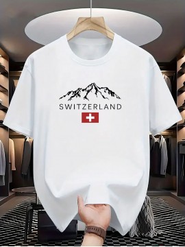 メンズ スイスアルプス グラフィックプリント カジュアルTシャツ - 100％ポリエステル、レギュラーフィットでわずかにストレッチ性あり、ネイビーブルー、洗濯機可、オールシーズン快適、アローシーズンアパレル｜リラクゼッドフィット シャツ｜伸縮素材