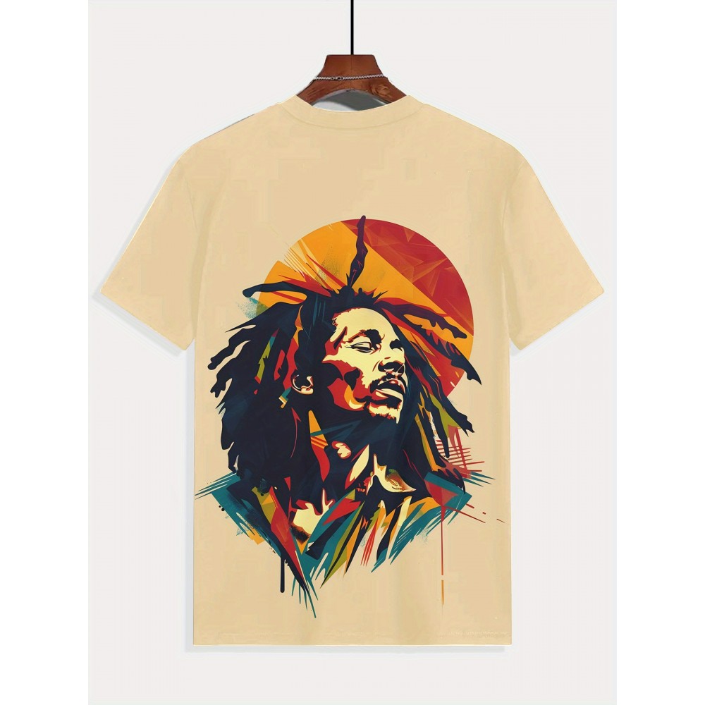 メンズ レゲエ風 グラフィックTシャツ - ビビッドなドレッドロックキャラクタープリント、通気性ポリエステルニット、レギュラーフィット半袖ティー 夏のカジュアルウェア＆週末のお出かけ用、カジュアルスタイルTシャツ｜洗濯機対応トップ