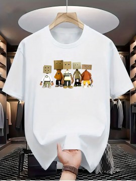 メンズ サマーカジュアル 半袖Tシャツ - ホワイト 幾何学模様 レギュラーフィット ラウンドネック 洗濯機可 快適生地